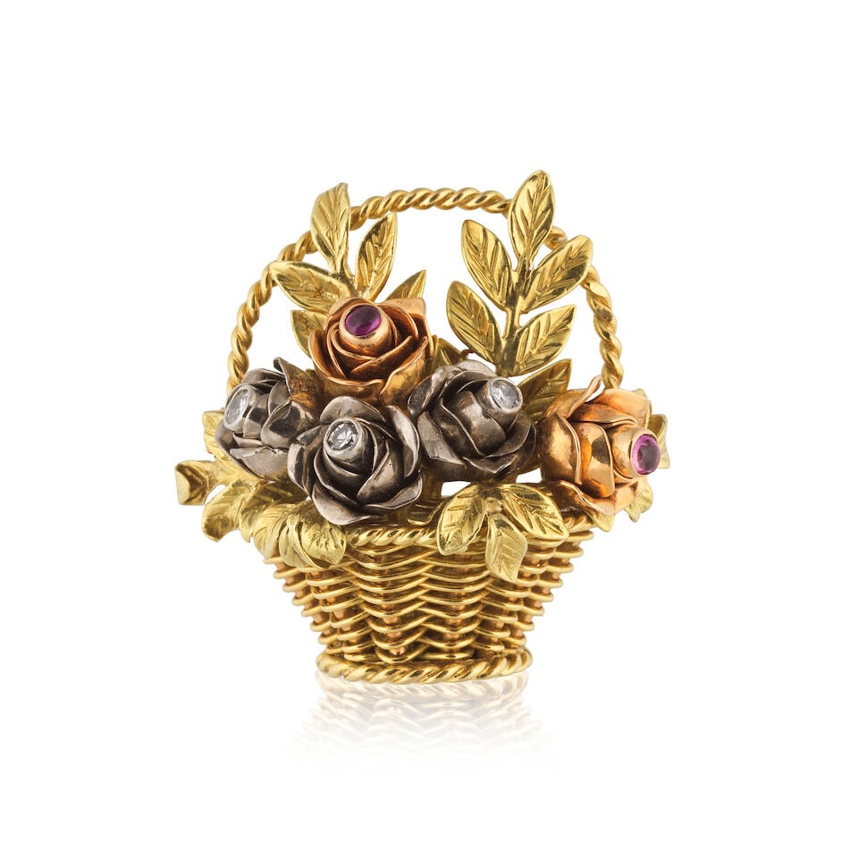 RUBY AND DIAMOND 'FLOWER BASKET' BROOCH BROCHE 'PANIER DE FLEURS' RUBIS ET DIAMANTS: RUBY AND DIAMOND 'FLOWER BASKET' BROOCH BROCHE 'PANIER DE FLEURS' RUBIS ET DIAMANTS • French import marks for 18 carat yellow and pink gold (750 ‰), 14 carat yellow gold (585 ‰) and 