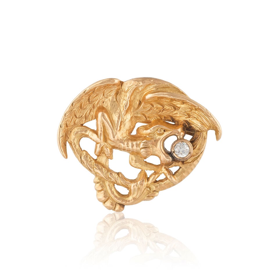DIAMOND 'CHIMERA' BROOCH BROCHE 'CHIMÈRE' DIAMANT: DIAMOND 'CHIMERA' BROOCH BROCHE 'CHIMÈRE' DIAMANT • French marks for 14 carat (585 ‰) and 18 carat gold (750 ‰) for the pin • Old-cut diamond weighing approximately 0.20 c