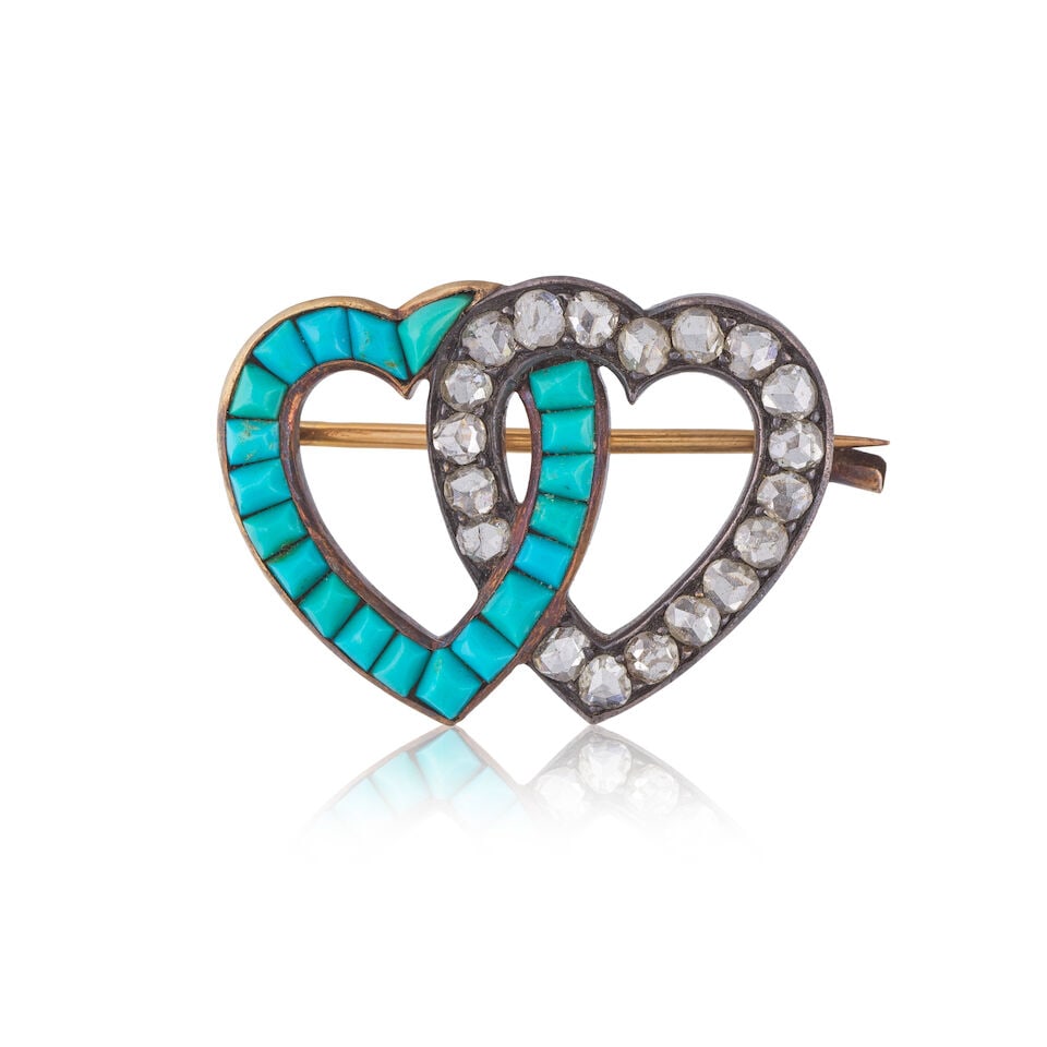 TURQUOISE AND DIAMOND 'DOUBLE HEART' BROOCH BROCHE 'DOUBLE COEUR' TURQUOISES ET DIAMANTS (1 of 2)