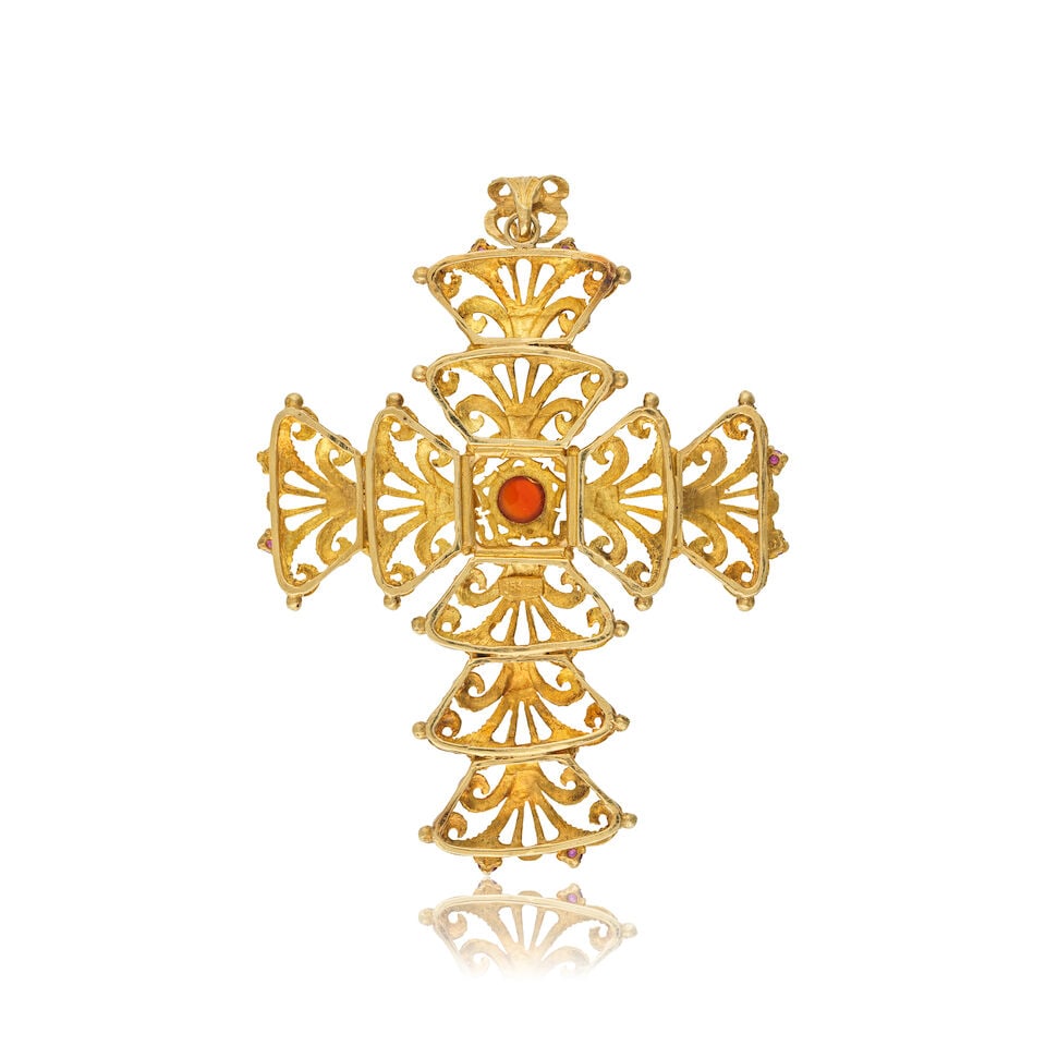 CARNELIAN, SAPPHIRE AND RUBY CROSS PENDANT PENDENTIF CROIX CORNALINE, SAPHIRS ET RUBIS - 2
