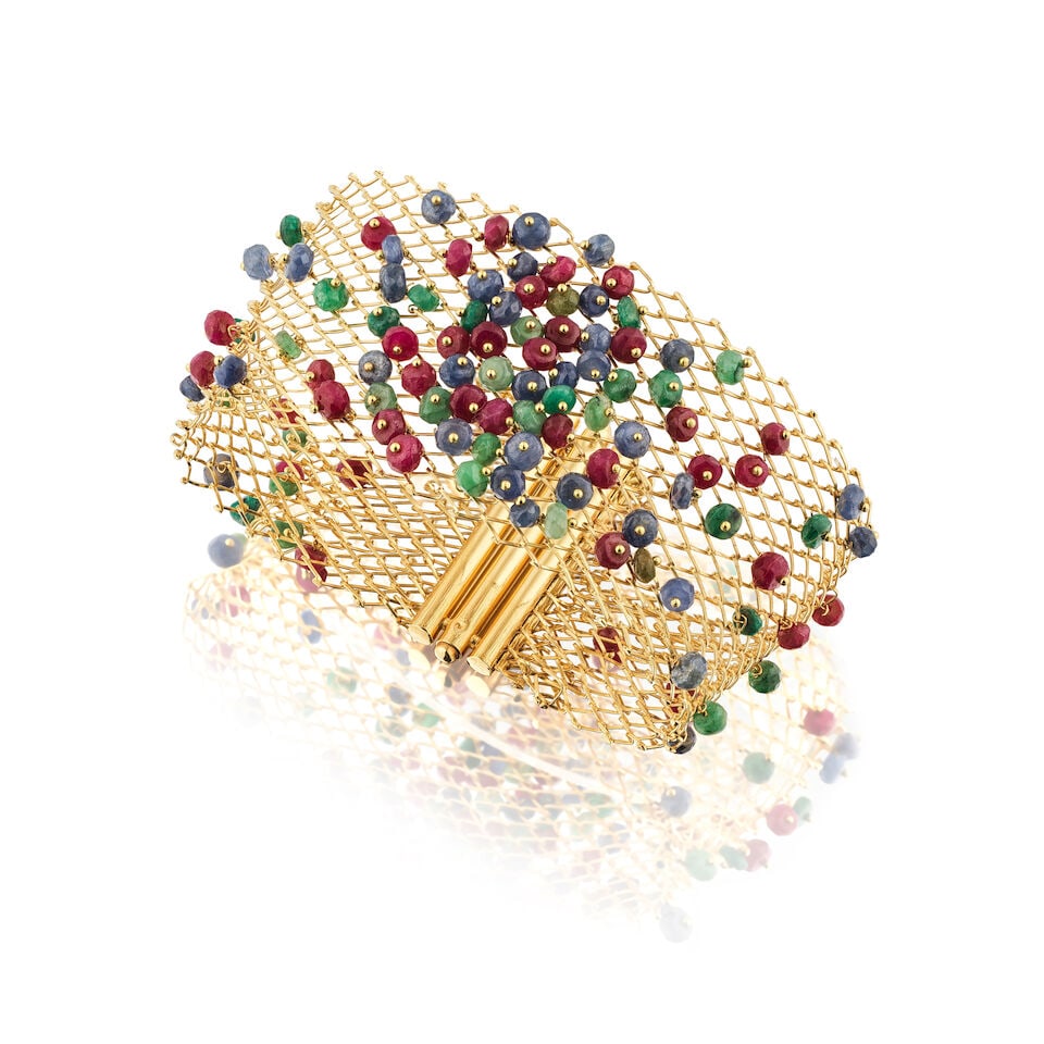 SAPPHIRE, EMERALD AND RUBY BRACELET BRACELET SAPHIRS, ÉMERAUDES ET RUBIS: SAPPHIRE, EMERALD AND RUBY BRACELET BRACELET SAPHIRS, ÉMERAUDES ET RUBIS • French import mark for 18 carat yellow gold (750 ‰) • Faceted ruby, emerald, sapphire beads • In