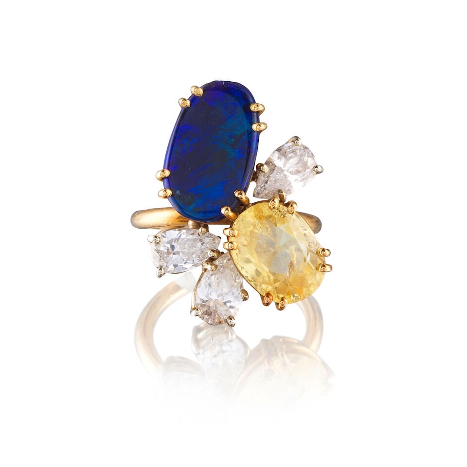 SAPPHIRE, OPAL AND DIAMOND RING BAGUE SAPHIR, OPALE ET DIAMANTS - 2