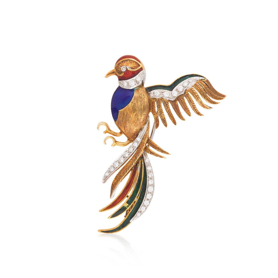 ENAMEL AND DIAMOND 'BIRD' BROOCH BROCHE 'OISEAU' ÉMAIL ET DIAMANTS: ENAMEL AND DIAMOND 'BIRD' BROOCH BROCHE 'OISEAU' ÉMAIL ET DIAMANTS • French import mark for 18 carat (750 ‰) (for the brooch) and 14 carat (585 ‰) (for the pin) textured gold &#