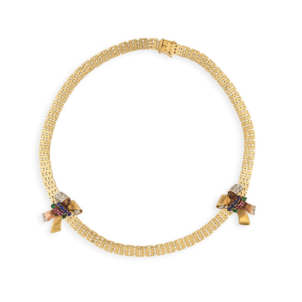 EMERALD, RUBY, SAPPHIRE AND DIAMOND CLIP NECKLACE COLLIER CLIP ÉMERAUDES, RUBIS, SAPHIRS E...: EMERALD, RUBY, SAPPHIRE AND DIAMOND CLIP NECKLACE COLLIER CLIP ÉMERAUDES, RUBIS, SAPHIRS ET DIAMANTS • French marks for 14 carat yellow and rose gold (585 ‰) and for platinum (850 