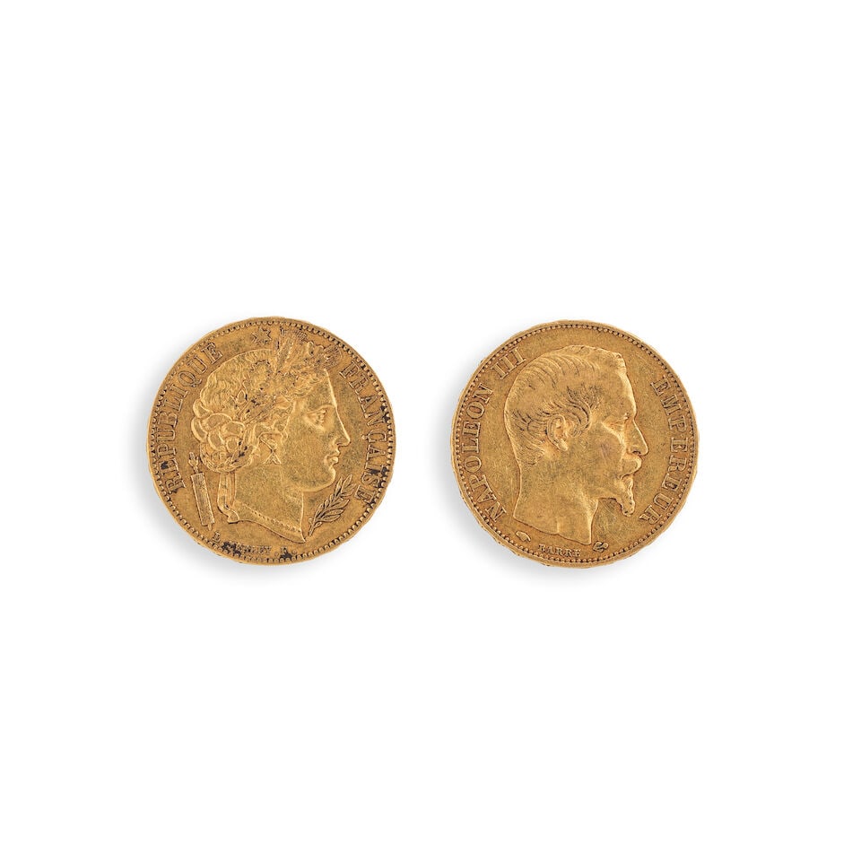 TWO GOLD COINS ENSEMBLE DE DEUX PIÈCES EN OR: TWO GOLD COINS ENSEMBLE DE DEUX PIÈCES EN OR • Metal tested for 21.6 carat gold (900 ‰) • 1 coin of 20 French francs, Ceres type, dated 1850 • 1 coin of 20 French francs, 
