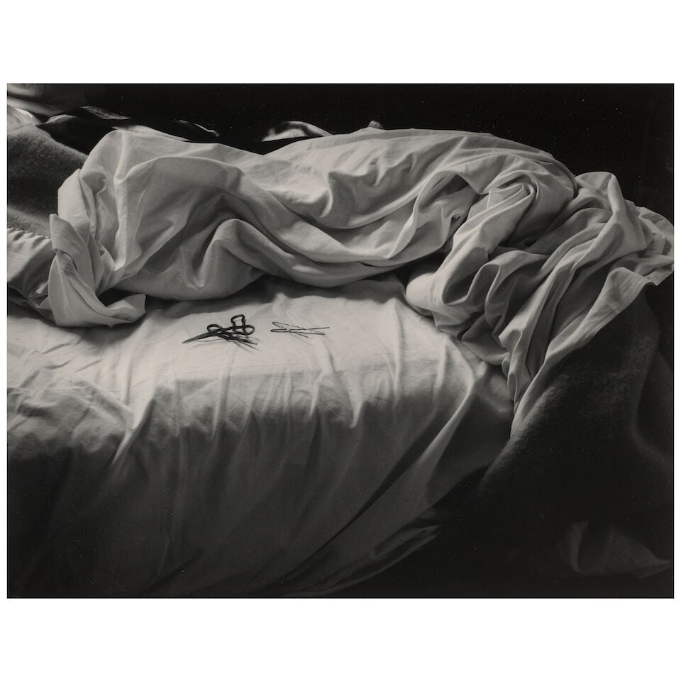 Imogen Cunningham (1883-1976); The Unmade Bed;: Imogen Cunningham (1883-1976) The Unmade Bed, 1957 Gelatin silver print, printed later; mounted, signed and dated in pencil on the mount, the photographer's '1331 Green Street' label, with typed title