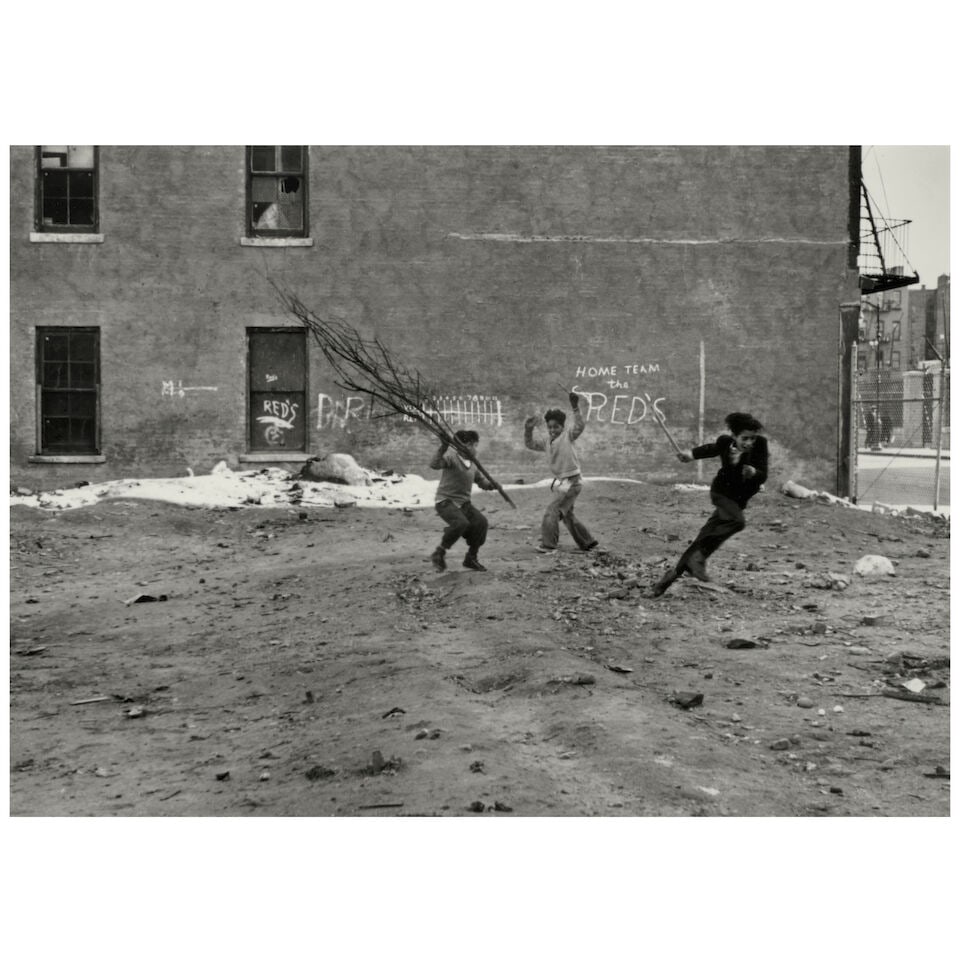 Helen Levitt (1913-2009); New York (Three Boys with Tree Branch);: Helen Levitt (1913-2009) New York (Three Boys with Tree Branch), c. 1942 Gelatin silver print, printed later; signed, dated, and annotated 'n.y.' in pencil on the reverse, framed, a Fraenkel Gallery l