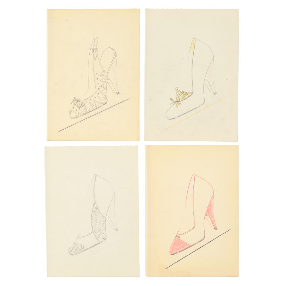 Women's shoe designs A collection of approximately 245 original designs for women's shoes (c. 75...: Women's shoe designs A collection of approximately 245 original designs for women's shoes (c. 75 high heels; 70 heeled, sling-backed and wedged etc; 100 outline shape only), pencil (some coloured, so