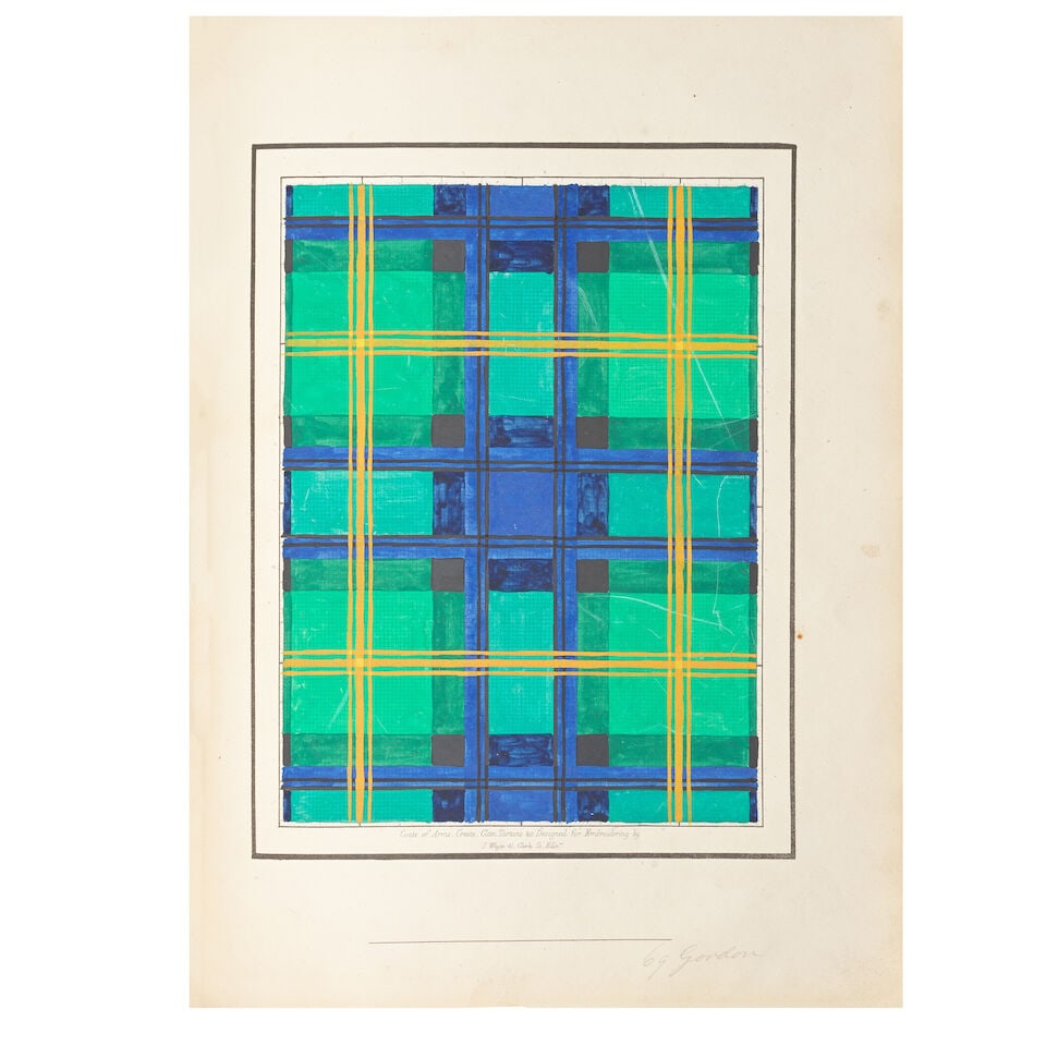 Tartans - 19th Century Pattern Book An album of pattern designs for Clan Tartans, [Edinburgh, J....: Tartans - 19th Century Pattern Book An album of pattern designs for Clan Tartans, manuscript index leaf, 75 fully coloured watercolour designs for tartans, each on an engraved pattern grid (verso onl