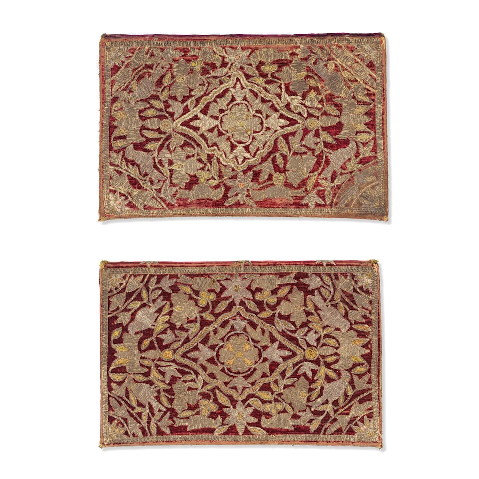 A pair of Qajar metal-thread embroidered velvet mounted Qur'an boxes Persia, 19th Century (2) - 2
