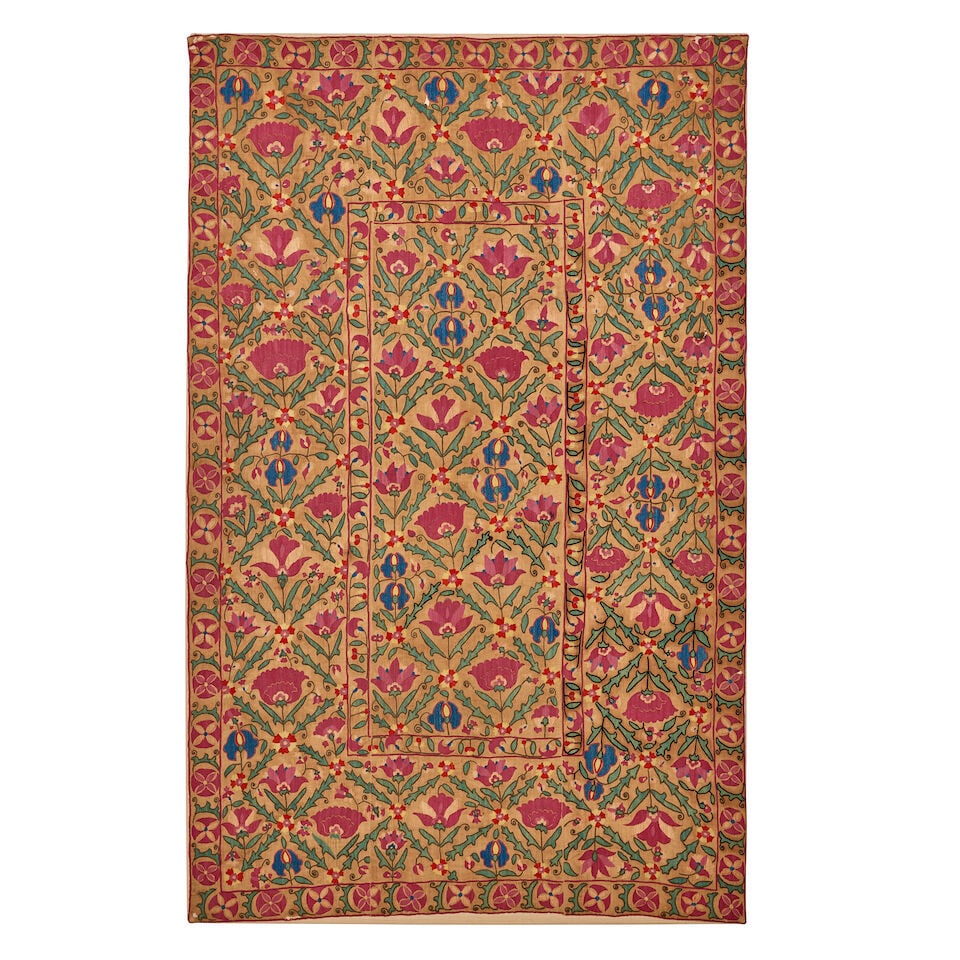 A Bukhara silk embroidered linen panel (nim suzani) Uzbekistan, 19th Century (1 of 3)