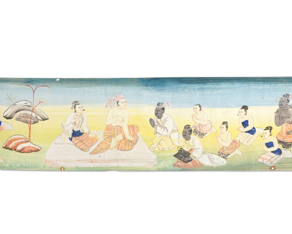 Buddhist narrative scroll A large painted scroll depicting multiple scenes from the legend of th...: Buddhist narrative scroll A large painted scroll depicting multiple scenes from the legend of the Buddhist monk Phra Malai, and his journey to the underworld, coloured paint, on cotton, some abrasion