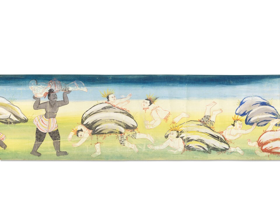 Buddhist narrative scroll A large painted scroll depicting multiple scenes from the legend of th... - 2