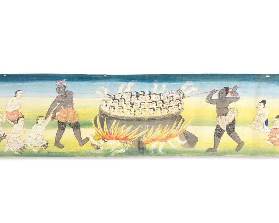 Buddhist narrative scroll A large painted scroll depicting multiple scenes from the legend of th... - 3