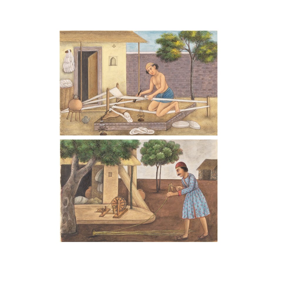 Delhi School - trades A pair of watercolours depicting a handloom weaver, and a rope maker, both...: Delhi School - trades A pair of watercolours depicting a handloom weaver, and a rope maker, both depicted at work with the instruments of their trades, pen and watercolour, on paper, captioned in Urd