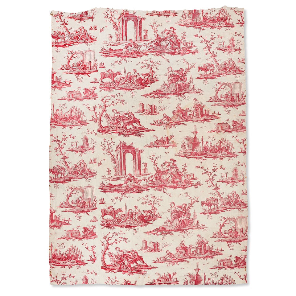 Toile de Nantes 'Le mouton chéri', large roller-printed cotton fabric representing pastoral...: Toile de Nantes 'Le mouton chéri', large roller-printed cotton fabric representing pastoral scenes, printed in red after a design by Pierre Mader, possibly made as a bed cover, a few light stain
