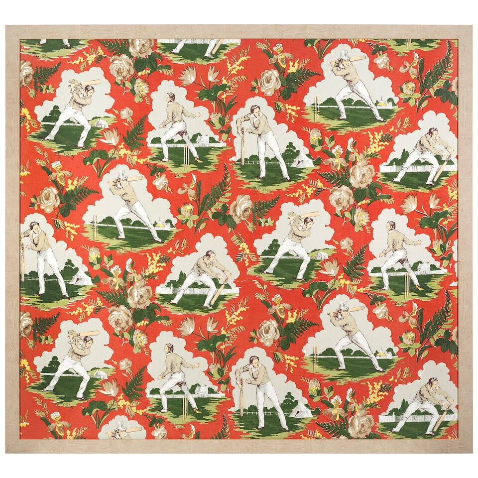 Georg Friedrich Watts 'Felix on the Bat' fabric panel, circa 1845: Georg Friedrich Watts 'Felix on the Bat' fabric panel, circa 1845 Cotton, printed with motifs of cricketeers drawn from Felix on the Bat by Nicholas 'Felix' Wanostrocht against a red ground, framed. 1
