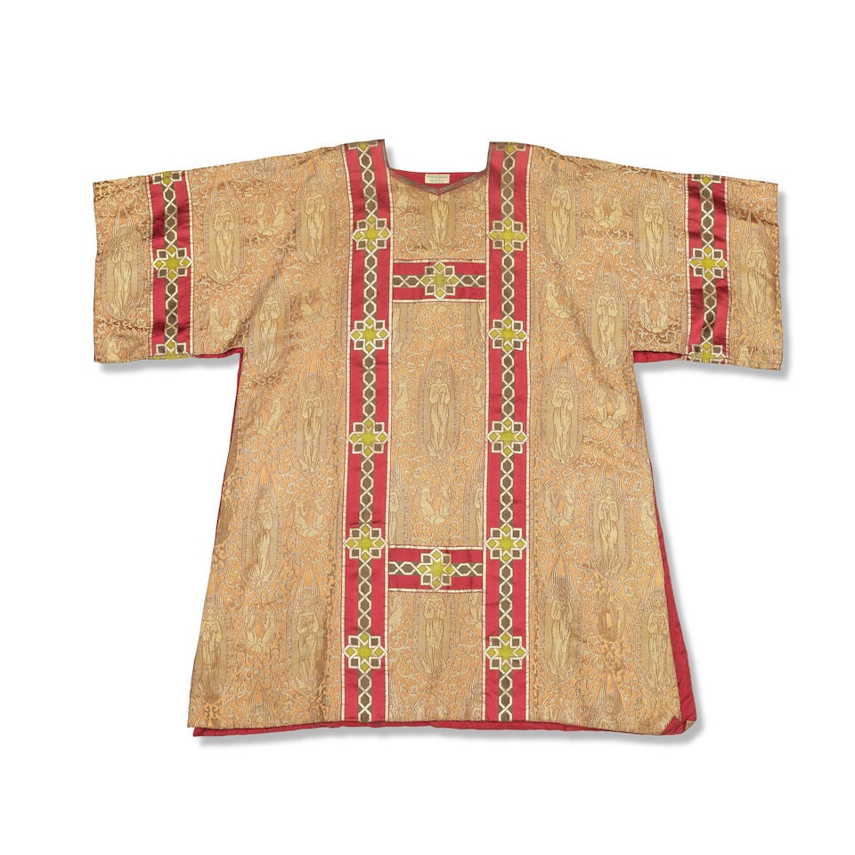 Francis Tucker & Co. Dalmatic, circa 1920: Francis Tucker & Co. Dalmatic, circa 1920 Silk damask, with motif of angels in gilt flanked by bands of burgundy. Length from shoulder: 116 cm Labelled Francis Tucker & Co. Ltd., CRICKLEWOOD LANE,