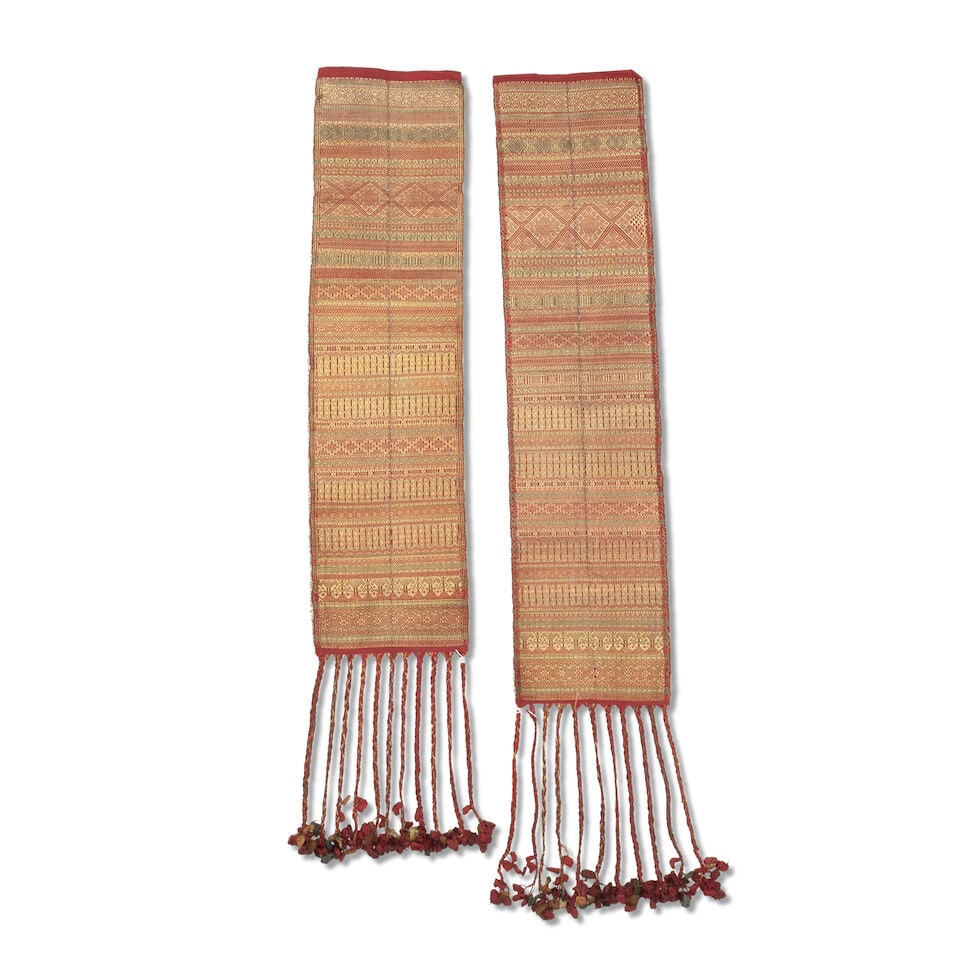 A collection of four Sumatra, Minangkabau (Batu or Sangkar region), waistbands Second half 19th ...: A collection of four Sumatra, Minangkabau (Batu or Sangkar region), waistbands Second half 19th century, early 20th century Cawek, silk with gold thread, (4) the longest example 192cm without