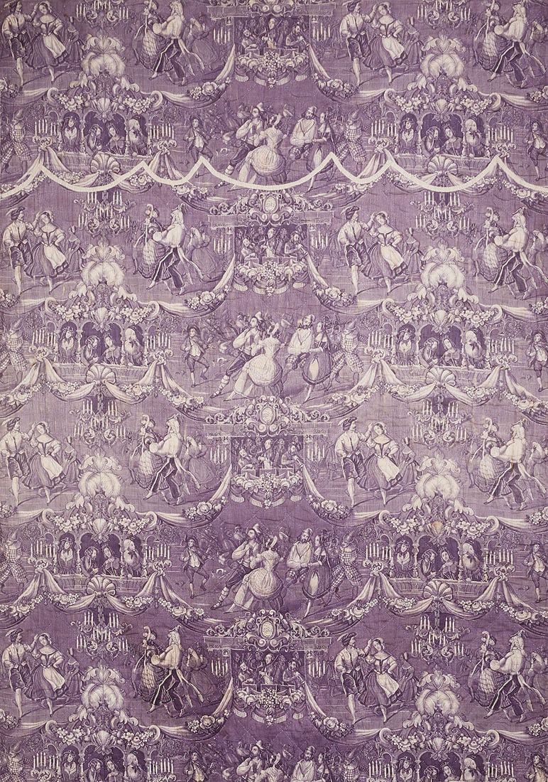 Toile d'Alsace 'Le Bal', large cotton fabric depicting scenes from a lavish masked ball, based o...: Toile d'Alsace 'Le Bal', large cotton fabric depicting scenes from a lavish masked ball, based on a design by the Mulhouse wallpaper designer George Zipélius, printed in violet, hand-quilted on