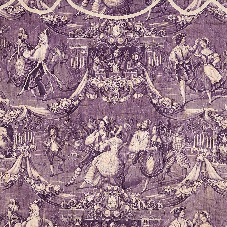 Toile d'Alsace 'Le Bal', large cotton fabric depicting scenes from a lavish masked ball, based o... - 2