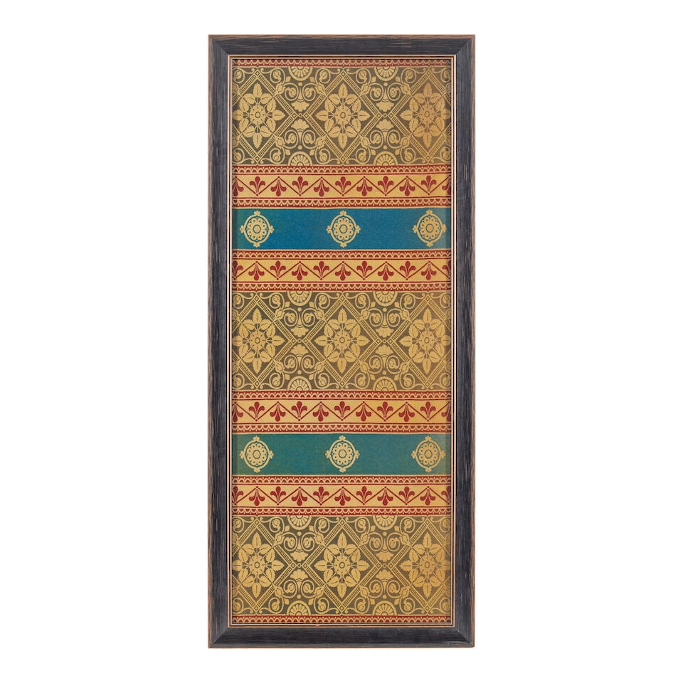 Christopher Dresser for James W. & C. Ward Fabric panel, circa 1873: Christopher Dresser for James W. & C. Ward Fabric panel, circa 1873 Silk damask, with floral motifs separated by bands of gilt and blue, framed. 109 x 48 cm For further information on this lot please