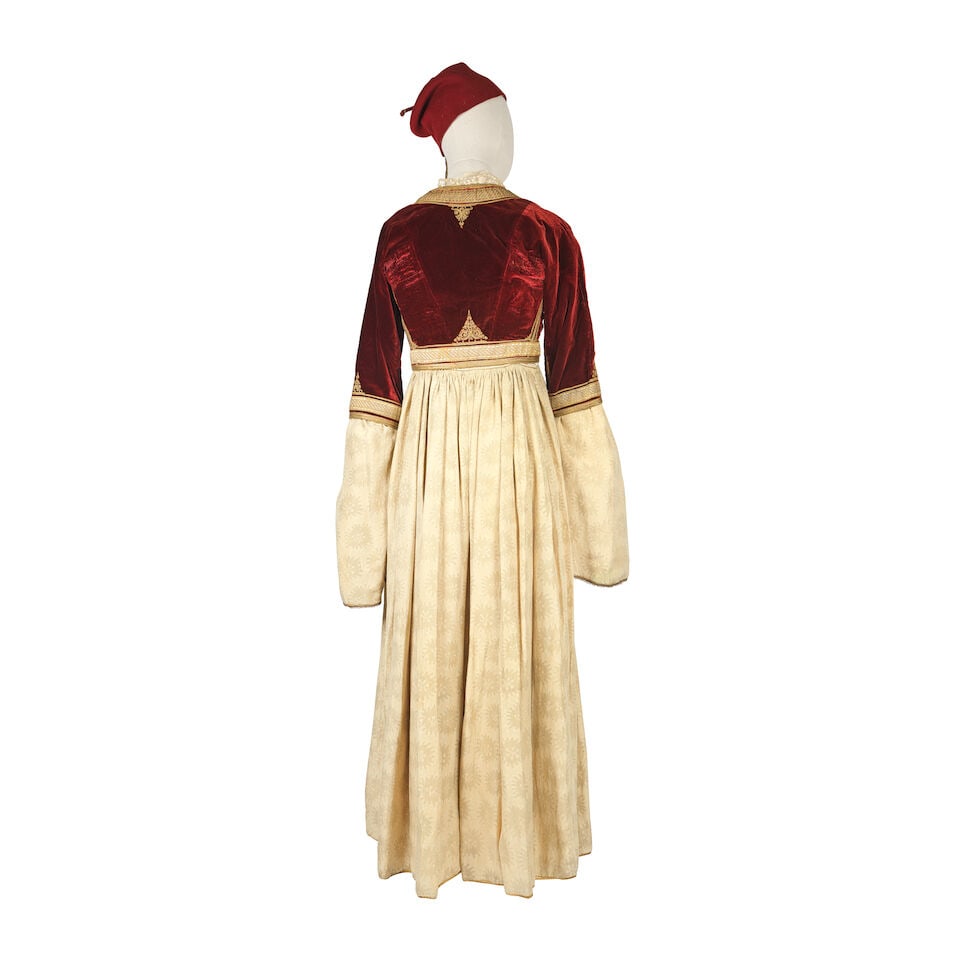 A gilt-thread embroidered velvet Queen Amalia dress, jacket and two hats Greece, early 20th Cent... - 2