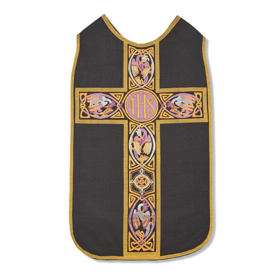 Of ecclesiastical interest Irish chasuble, early 20th century: Of ecclesiastical interest Irish chasuble, early 20th century Cotton, embroidered with silk thread, the cruciform motif with cartouches of birds centred by a Christogram. Length from shoulder: 117 cm