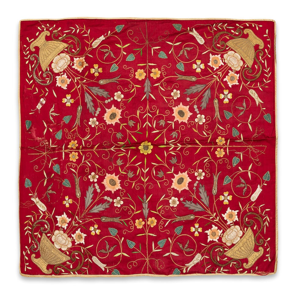 An 18th century silk and metal thread embroidered silk appliqué panel Possibly originally a... (1 of 1)