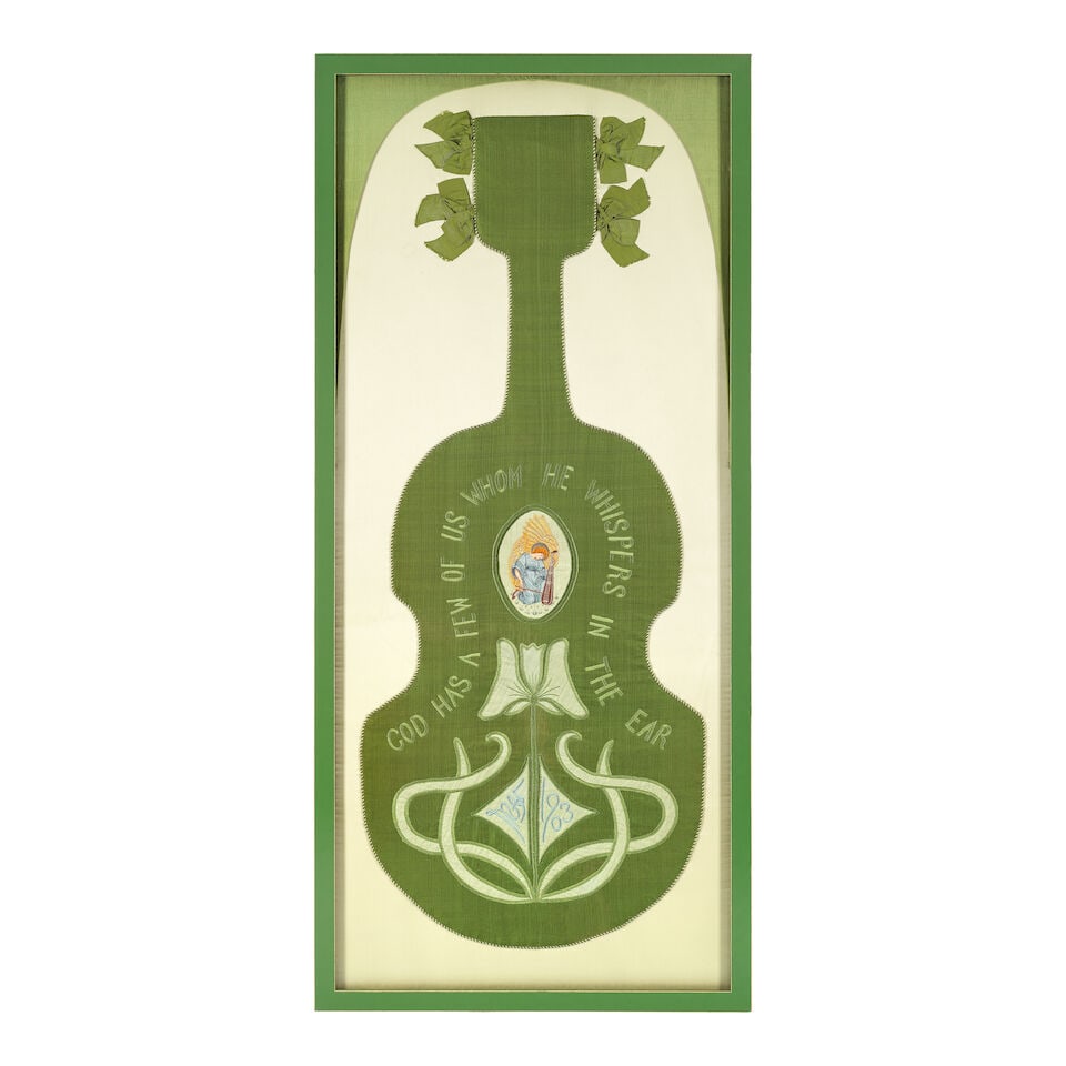 Early Modern Period Cello cover, circa 1900: Early Modern Period Cello cover, circa 1900 Silk, embroidered with silk thread against a green ground 'GOD HAS A FEW OF US WHOM HE WHIPSERS IN THE EAR' centred by a cartouche depicting an angel over