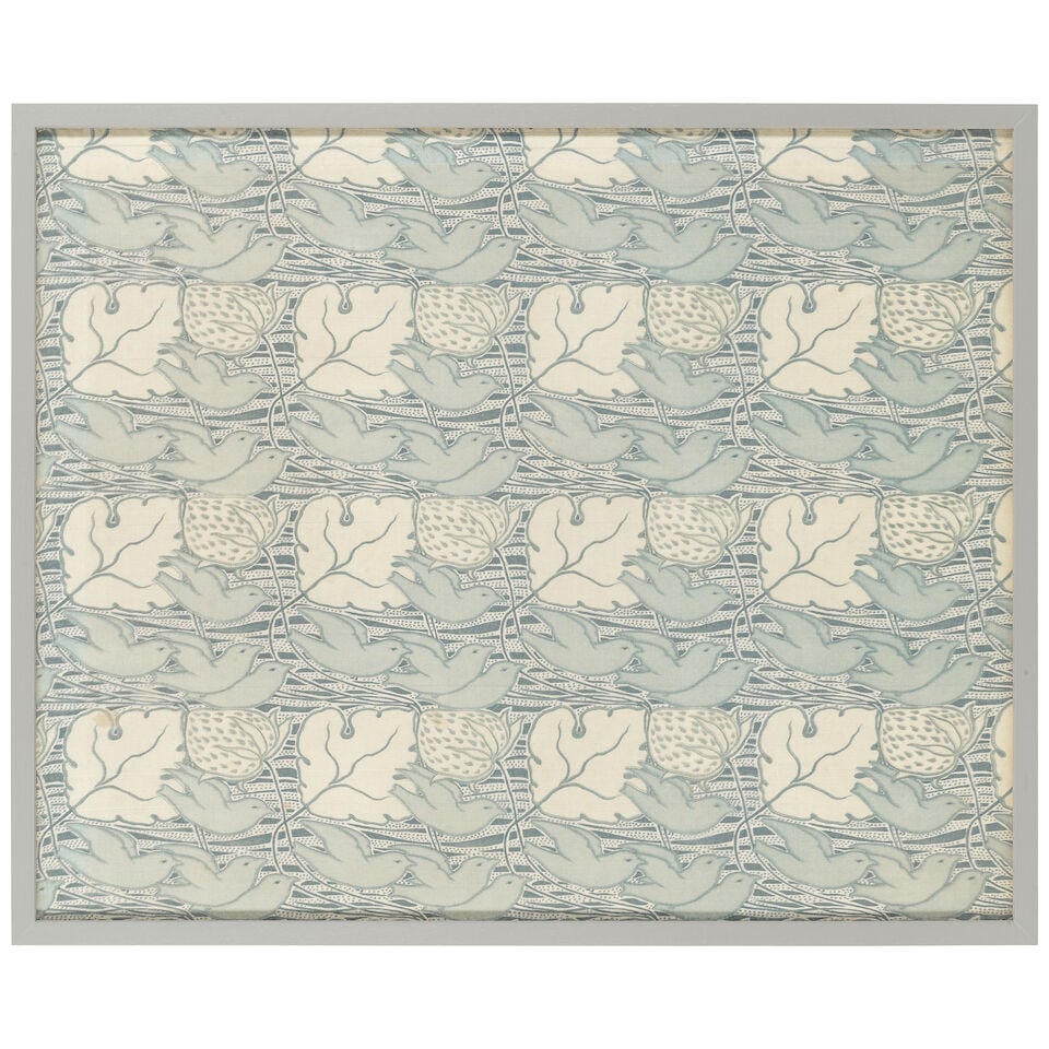 C.F.A Voysey for Alexander Morton & Co. Fabric panel, circa 1897-1898: C.F.A Voysey for Alexander Morton & Co. Fabric panel, circa 1897-1898 Cotton, printed with a repeating motif of birds in flight against a background of strawberries and leaves, stretched on board and