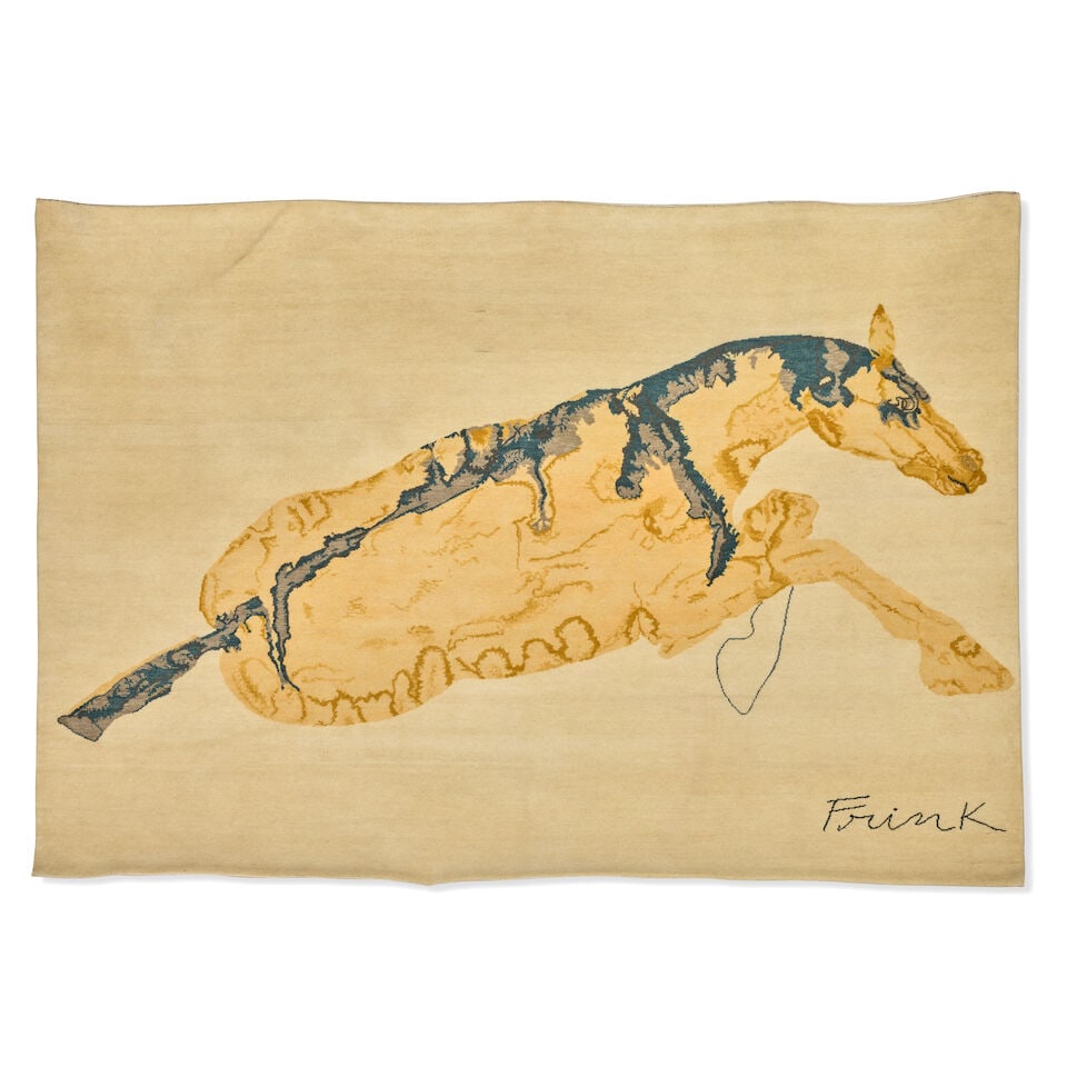 Dame Elisabeth Frink R.A. (British, 1930-1993) Reclining Horse Wool pile tapestry in colours, 19...: Dame Elisabeth Frink R.A. (British, 1930-1993) Reclining Horse (Wiseman p.245) Wool pile tapestry in colours, 1975, signed and numbered 20/25 in black ink on the publisher's label stitched to the