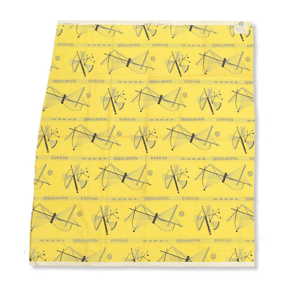 Mary Warren for Heal's 'Nautilus' fabric length, designed 1956: Mary Warren for Heal's 'Nautilus' fabric length, designed 1956 Cotton, screen printed with geometric motifs in black against a yellow ground. 125 x 107 cm Printed to the selvedge 'NAUTILUS' BY MARY