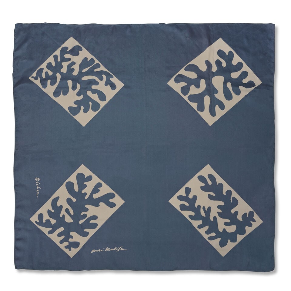 Henri Matisse (French, 1869-1954) Echarpe (Head Scarf) Silk twill screen-printed in blue, 1947, ...: Henri Matisse (French, 1869-1954) Echarpe (Head Scarf) Silk twill screen-printed in blue, 1947, with the artist's printed signature in the screen, numbered 6/275 in blue ink, manufactured by Ascher