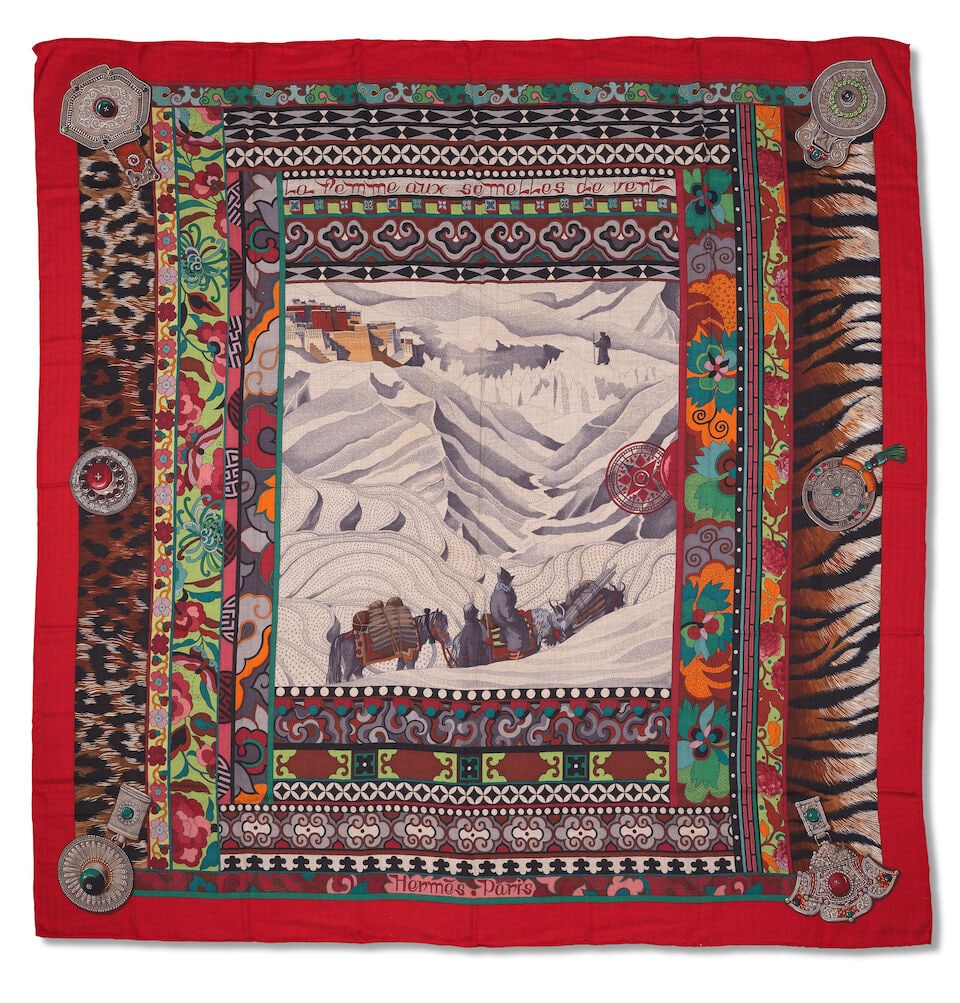 Hermès: 'La Femme aux Semelles de Vent' Cashmere and Silk Shawl Autumn/Winter 2009: Hermès: 'La Femme aux Semelles de Vent' Cashmere and Silk Shawl Autumn/Winter 2009 Designed by Aline Honoré 65% cashmere and 35% silk 140cm x 140cm Footnotes: The scarf pays homage to