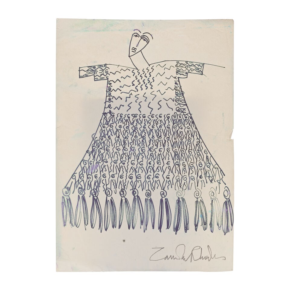 Zandra Rhodes: a Drawing of the 'Indian Feather Border' Print Dress 1969 for the New York and 'I...: Zandra Rhodes: a Drawing of the 'Indian Feather Border' Print Dress 1969 for the New York and 'Indian Feather' Collection, Autumn/Winter 1970-71 One of a kind pen drawing on A4 paper, later signed in