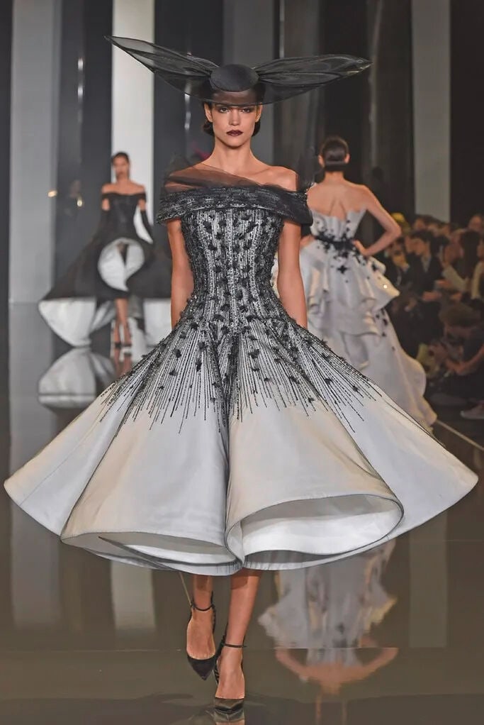 Ralph & Russo Haute Couture: a White Silk Gazar Flared Dress With Black Tulle Embellished Overla... - 3