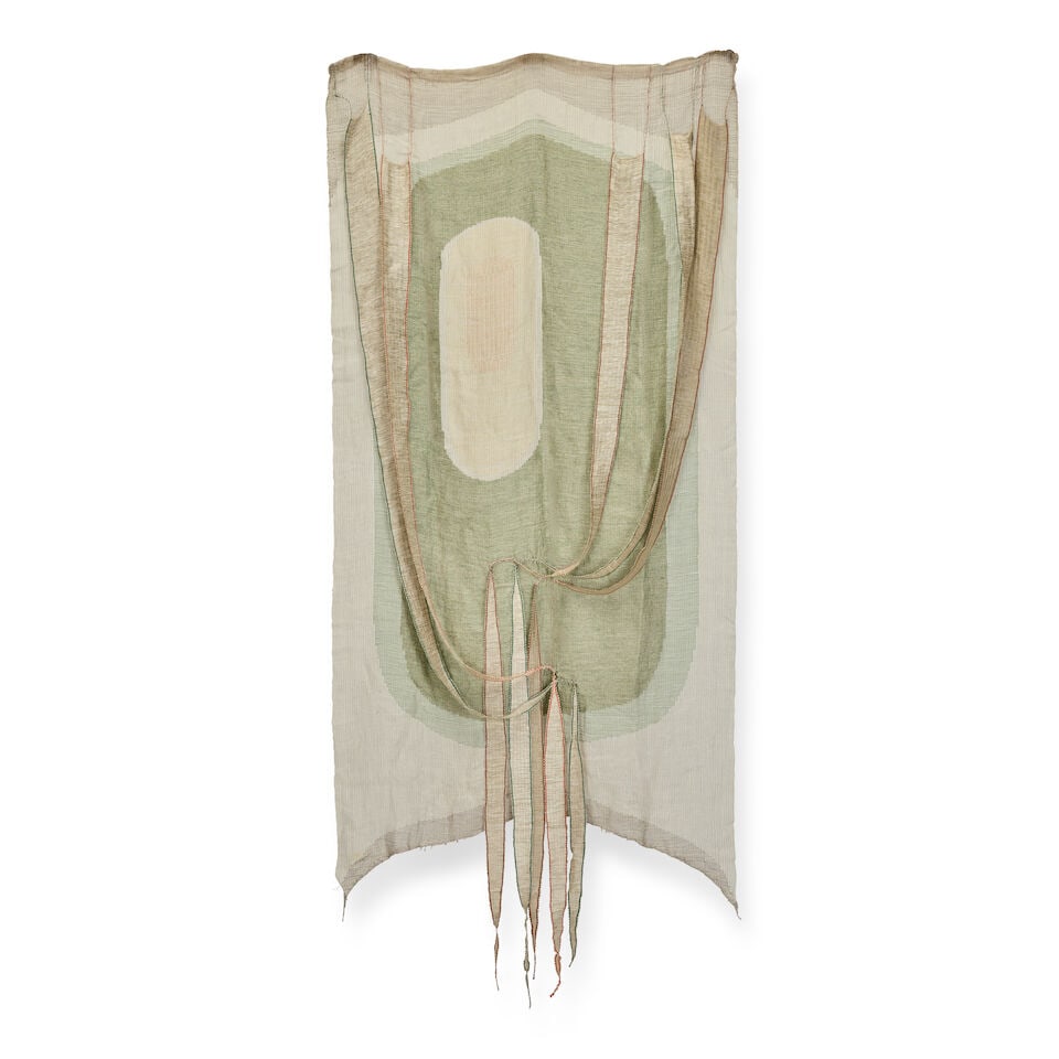Theo Moorman Woven Hanging, circa 1990: Theo Moorman Woven Hanging, circa 1990 Woven linen, abstract pattern in tones of green, silver and cream, with woven strip additions hemmed in green and red thread. 154 cm high, 70 cm wide This lot is