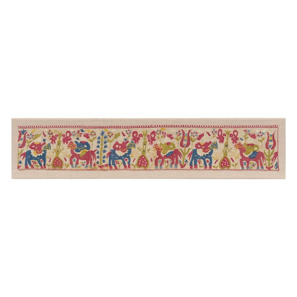 A Greek Islands silk-embroidered linen panel Epirus or Ionian Islands, 18th Century: A Greek Islands silk-embroidered linen panel Epirus or Ionian Islands, 18th Century rectangular, the natural ground embroidered in polychrome silks with mounted figures interspersed by tulips, hyacint
