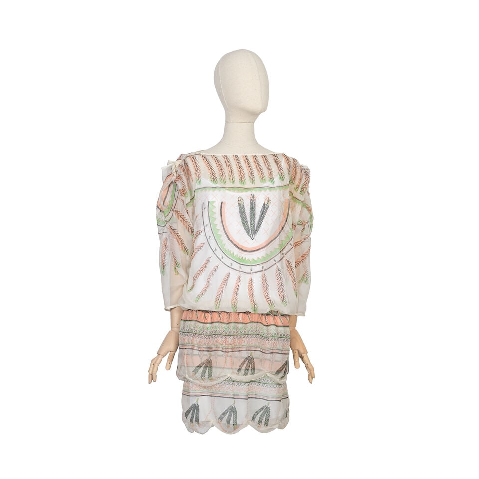 Zandra Rhodes: an 'Indian Feather Sunspray' Silk Chiffon Dress 1979: Zandra Rhodes: an 'Indian Feather Sunspray' Silk Chiffon Dress 1979 Green, black and salmon pink screen-printed 'Indian Feather Sunspray' design on white silk chiffon, elasticated waist, gathered shou