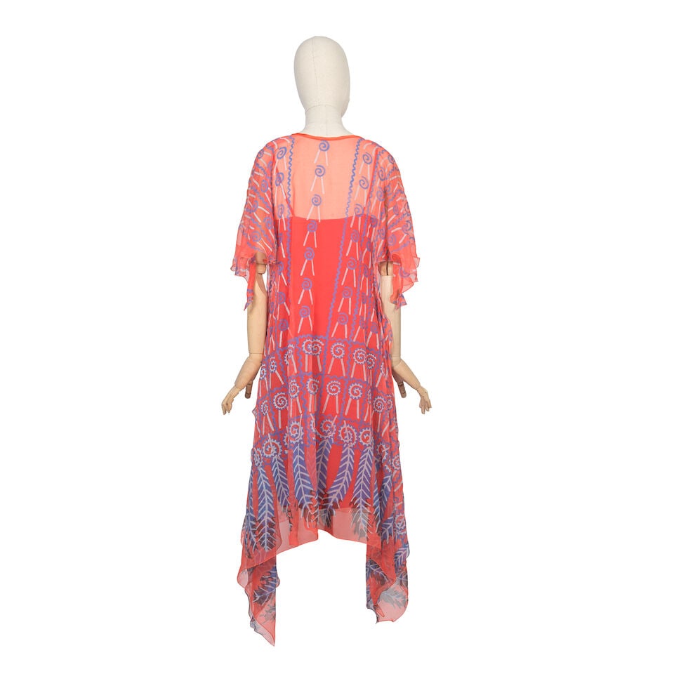 Zandra Rhodes: a Coral Red Silk Chiffon 'Indian Feather Border' Kaftan New York and 'Indian Feat... - 2