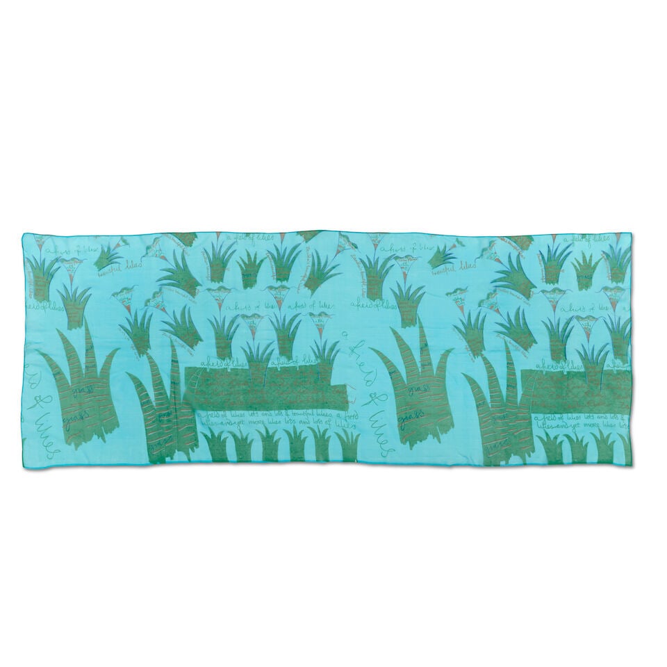 Zandra Rhodes: a 'Field of Lilies' Silk Chiffon Panel 1973: Zandra Rhodes: a 'Field of Lilies' Silk Chiffon Panel 1973 Turquoise screen-printed silk chiffon with 'Field of Lilies' design in green and purple, with Zandra's repeated writing including 'a field of