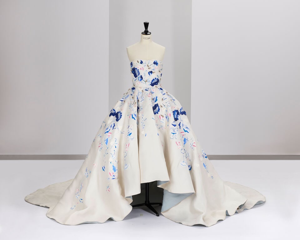 Ralph & Russo Haute Couture: a Hand-painted White Silk Gazar Gown Spring/Summer 2016, Runway Look 1: Ralph & Russo Haute Couture: a Hand-painted White Silk Gazar Gown Spring/Summer 2016, Runway Look 1 White silk gazar gown with pale blue lining, featuring a hand-painted floral design and embellished
