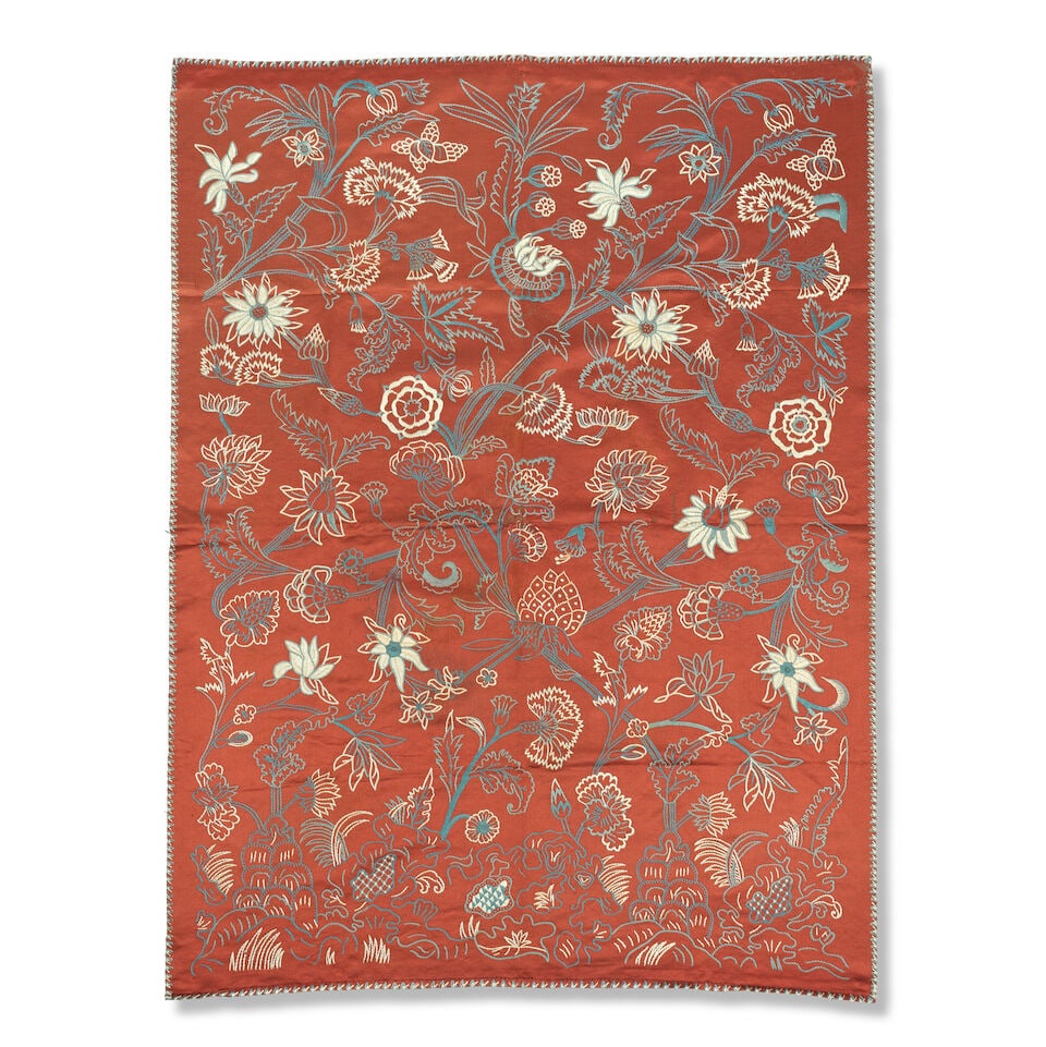 Liberty & Co. Tapestry, circa 1900: Liberty & Co. Tapestry, circa 1900 Silk, richly embroidered with floral motifs of roses and carnations against a red ground. 166 x 126 cm For further information on this lot please visit Bonhams.com F