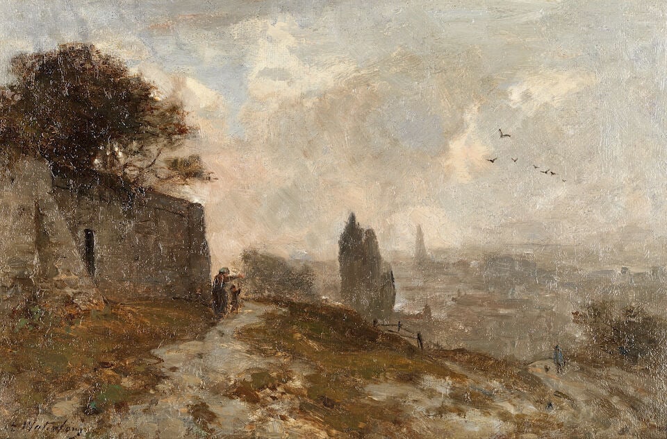 Sir Ernest Albert Waterlow, RA, PRWS (British, 1850-1919) Souvenir de Montmartre, Paris: Sir Ernest Albert Waterlow, RA, PRWS (British, 1850-1919) Souvenir de Montmartre, Paris signed 'E Waterlow' (lower left), titled and inscribed with artist's address 'Souvenir de Montmartre/Paris/Hayte