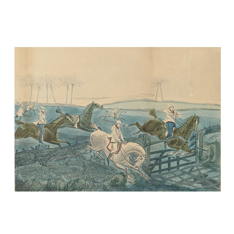 After Henry Alken (British, 1785-1851) One Plate, from The First Steeple Chase on Record Etching...: After Henry Alken (British, 1785-1851) One Plate, from The First Steeple Chase on Record Etching with hand-colouring, printed by J. Harris, with wide margins, framed 350 × 395mm (13 3/4 × 15