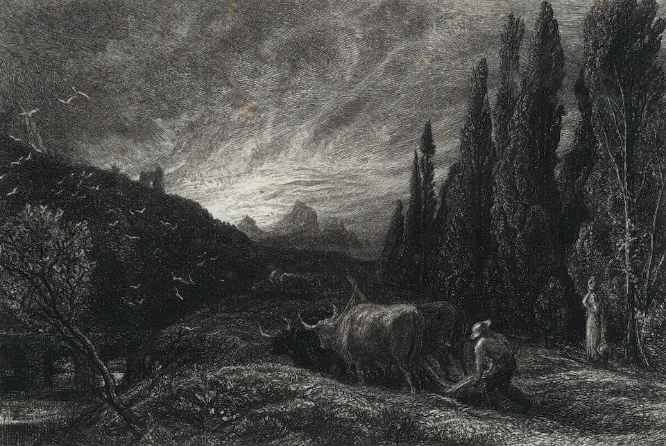 Samuel Palmer (British, 1805-1881) The Early Ploughman Etching, 1861, on laid paper, probably th...: Samuel Palmer (British, 1805-1881) The Early Ploughman (Lister E9) Etching, 1861, on laid paper, probably the fifth state of nine, with the third cypress sharply pointed and the patch of white on the