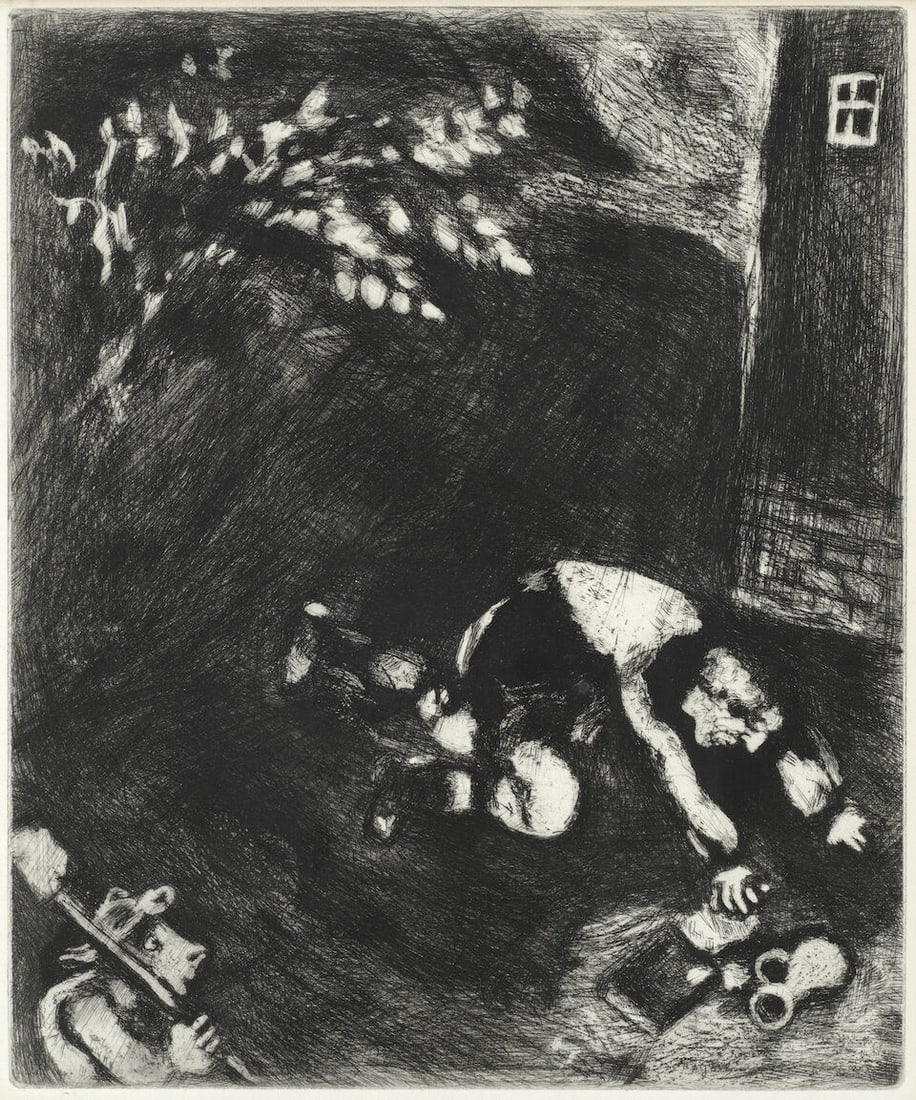 Marc Chagall (Russian/French, 1887-1985) L'Avare qui a perdu son trésor, from Les Fables de...: Marc Chagall (Russian/French, 1887-1985) L'Avare qui a perdu son trésor, from Les Fables de La Fontaine (Cramer 22) Etching, 1927, on Montval laid paper, from the unnumbered edition, printed by M