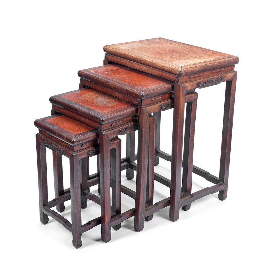 A NEST OF FOUR GRADUATING HONGMU BURLWOOD-INSET TABLES Circa 1900 (4) (1 of 1)
