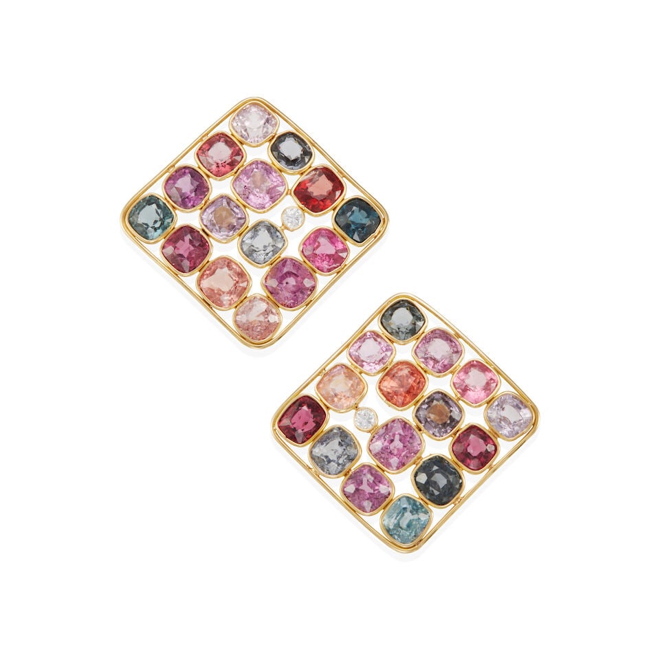 PAIR OF 18K GOLD, SPINEL AND DIAMOND EARRINGS: PAIR OF 18K GOLD, SPINEL AND DIAMOND EARRINGS • 18k yellow gold • Numerous near-square spinels weighing approximately 28.50 - 29.50 carats total • 2 round diamonds weighing approxima